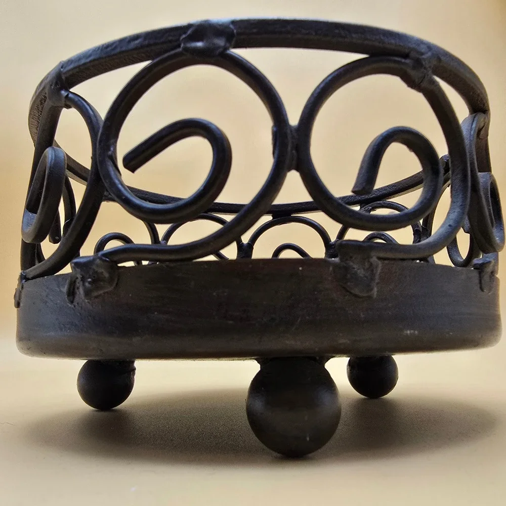 Wrought Iron Scrollwork Candle Holder Stand Ball Feet‎ Dark Bronze 4.5 Inch